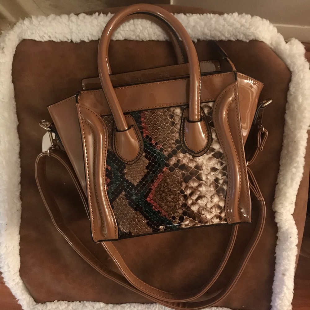 Caramel Colored Boxy Purse with Snakeskin Pattern